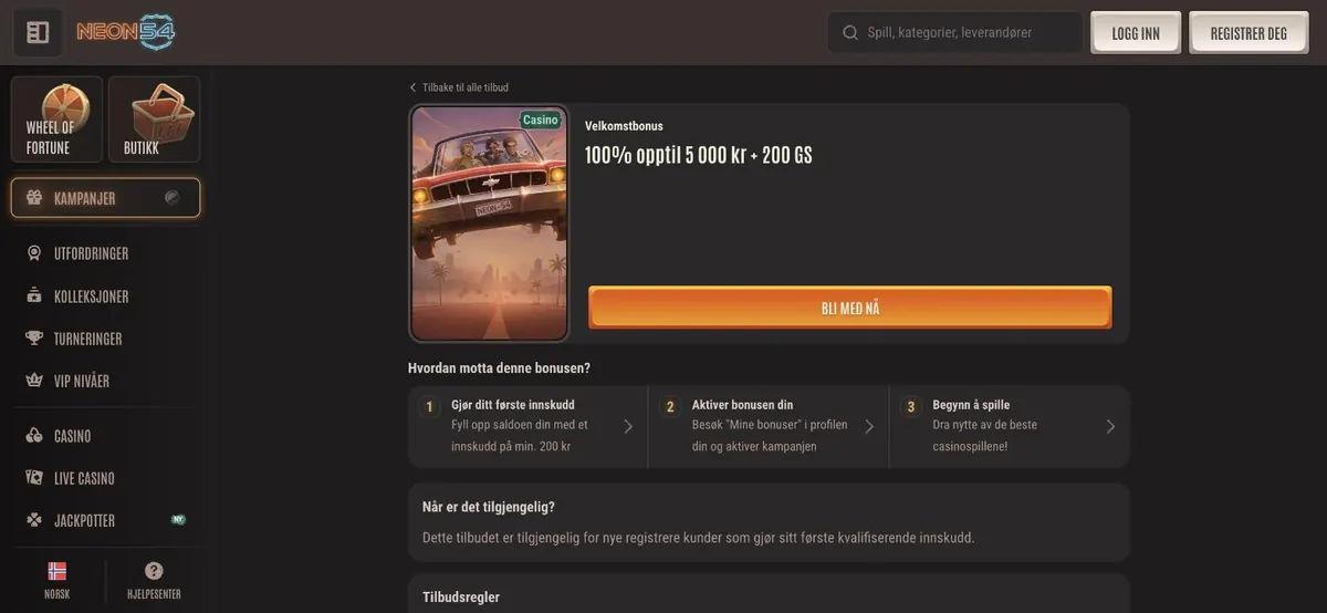 Neon54 anmeldelse - velkomstbonus 100 % opptil 5 000 kr + 200 gratisspinn