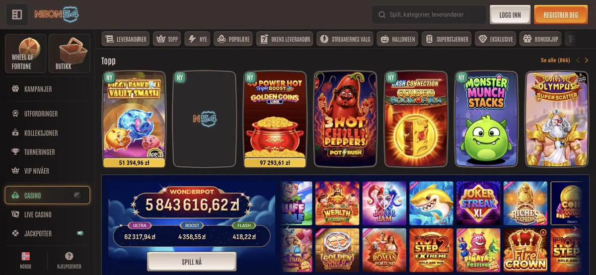 Neon54 app - spillobbyen med kategorien Topp på mobil og PC