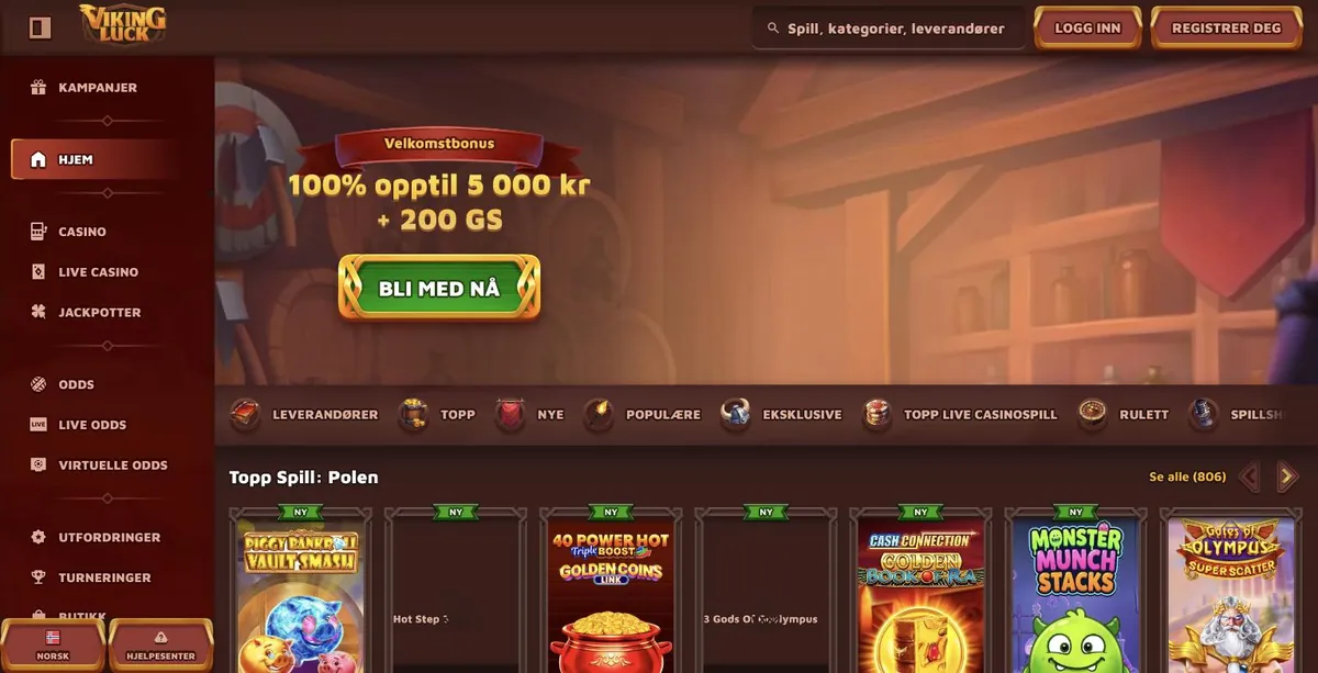 VikingLuck anmeldelse - den norske forsiden med Logg inn og Registrer deg