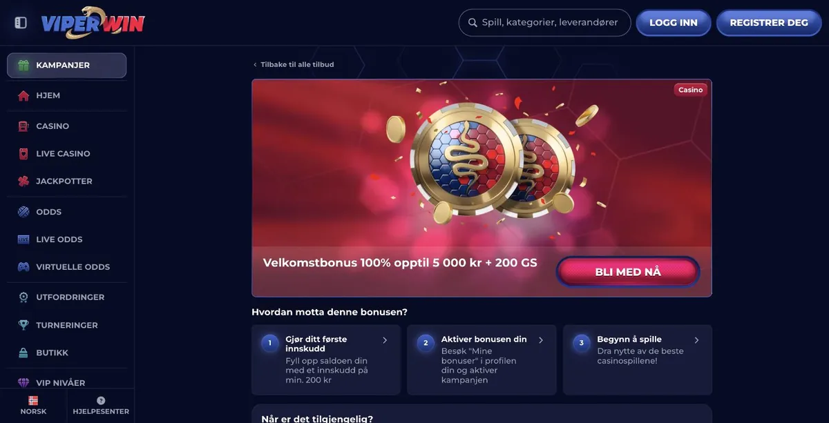 ViperWin kampanjesiden med velkomstbonus og aktiveringssteg