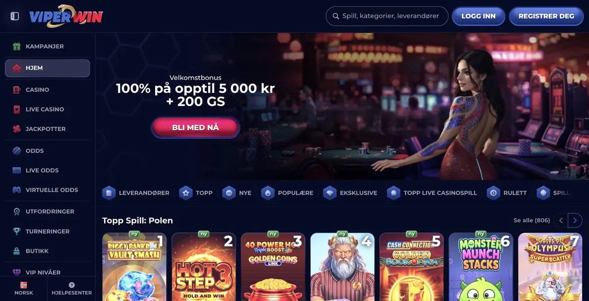 ViperWin anmeldelse - norsk forside med velkomstbonus